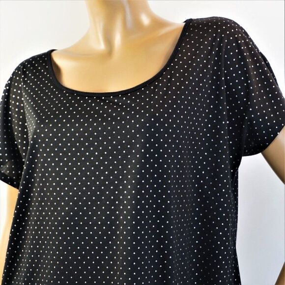 Studio Y Womens Top Swiss Dot Black Silver Contrasting Hem Size XL Blouse - Picture 2 of 8